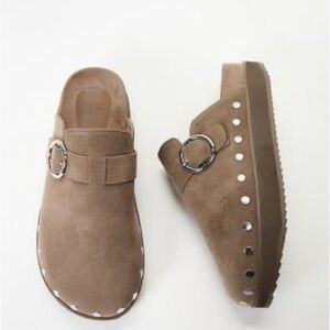 JustFab Brown Suede Mules with Silver Accents